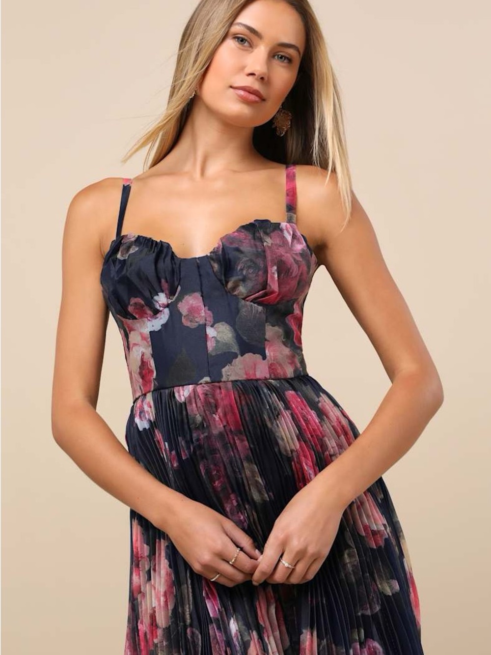 NWT Lulu’s Alluring Invite Midnight Blue Floral Pleated Bustier Midi Dress Large - Picture 2 of 3